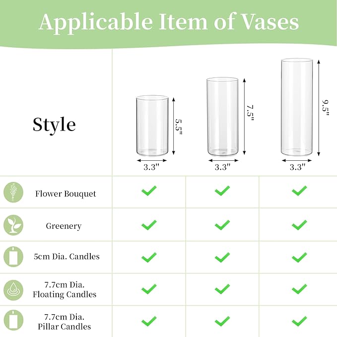 Glasseam Clear Glass Cylinder Vase, 6pcs Glass Vases for Centerpieces, Modern Floating Candle Vases for Flowers, Hurricane Vase Decor Candle Holder for Pillar Candles Wedding Deco (5.5"/7.5"/9.5")