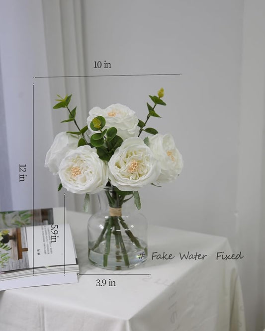 Artificial Flowers in vase, Vivid Faux Rose Flowers Arrangements, Austin Rose Centerpieces for Tables, Flower Ornaments and Flower Arts for Living Room (White)