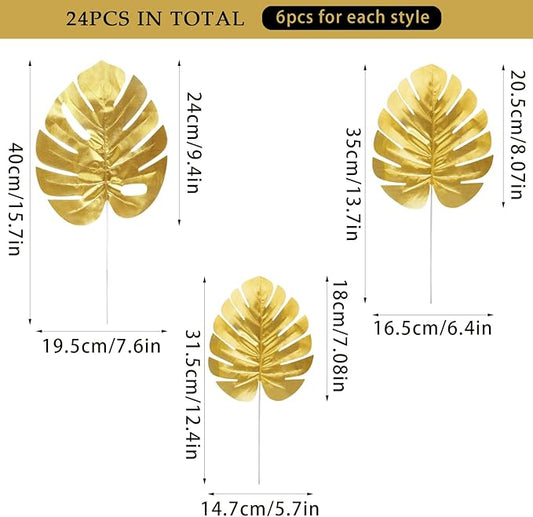 CCINEE 24PCS Golden Artificial Palm Leaves, 3 Sizes Faux Monstera Leaves Simulation Safari Leaves with Stems for Home Hawaiian Luau Party Jungle Beach Theme Party Decoration