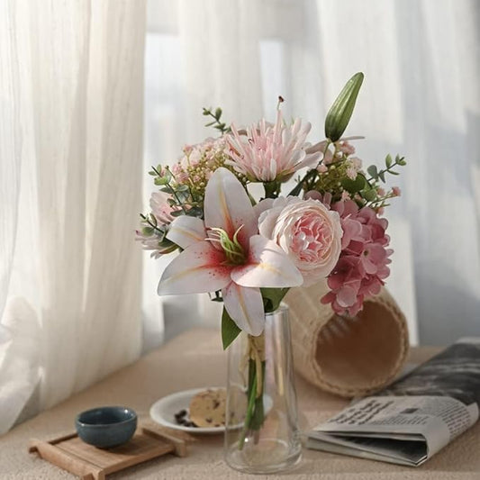 16-inch Artificial Fake Faux Flowers Silk Flower Arrangements Bouquets with Lilies, Buttercup, Hydrangea, Chrysanthemum, babysbreaths (Pink)