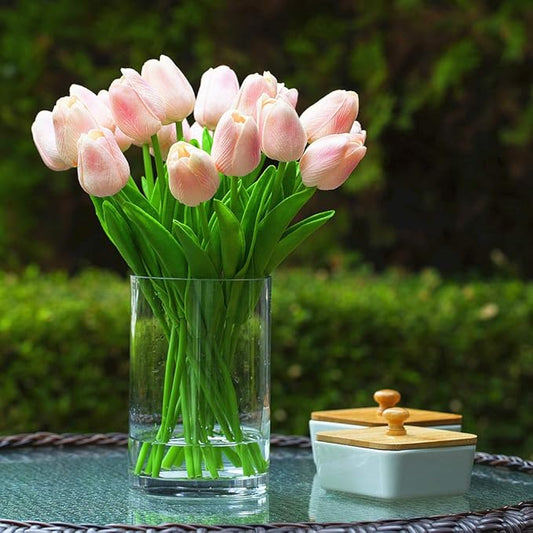ENOVA HOME 20 Pieces Artificial Real Touch Tulips Flower Arrangement in Glass Vase with Faux Water for Home Decoration (Pink)