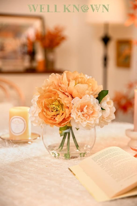 Artificial Flowers in Vase, Silk Peonies Flower Bouquet for Vase with Faux Water, Fake Flower Arrangement for Winter Wedding Party Dinning Coffee Table Centerpieces & Mom's Gift (Apricot & Nude)