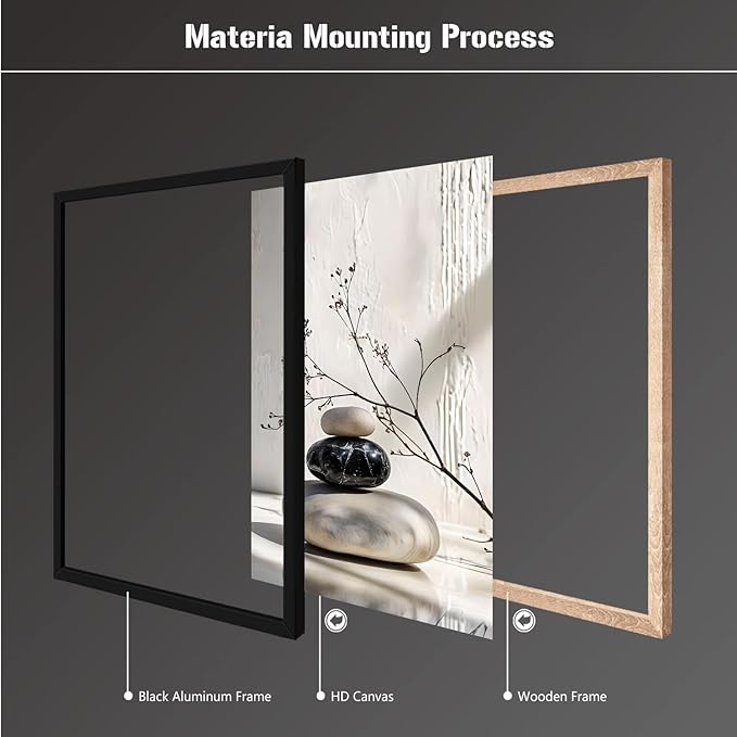 Gray and black stone pile and dried flowers poster canvas wall art in harmony Minimalist wall art for tranquil homes and mindful spaces 12x18in Metal blackFramed