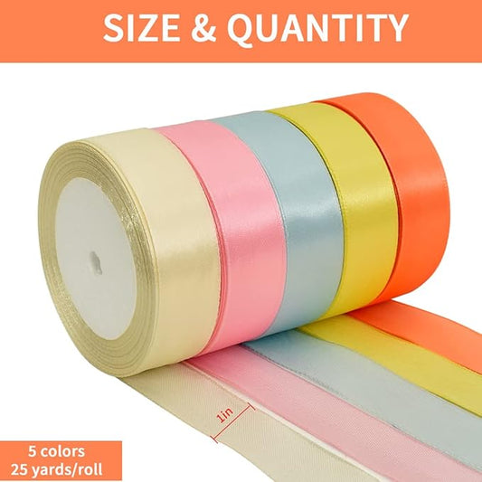 TONIFUL 1 Inch x 125 Yards 5 Colors Satin Ribbon Rolls, Light Rainbow Candy Macaron Color Fabric Ribbon for Gift Wrapping Embellish Wedding Birthday Party Decoration Bow Making Floral Craft Sewing