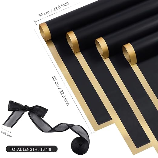 Jutieuo 20 Sheets Black Flower Wrapping Paper, Waterproof Floral Wrap Gold Edge Bouquet Wrapping Paper Florist Supplies (22.8 x 22.8 inch)