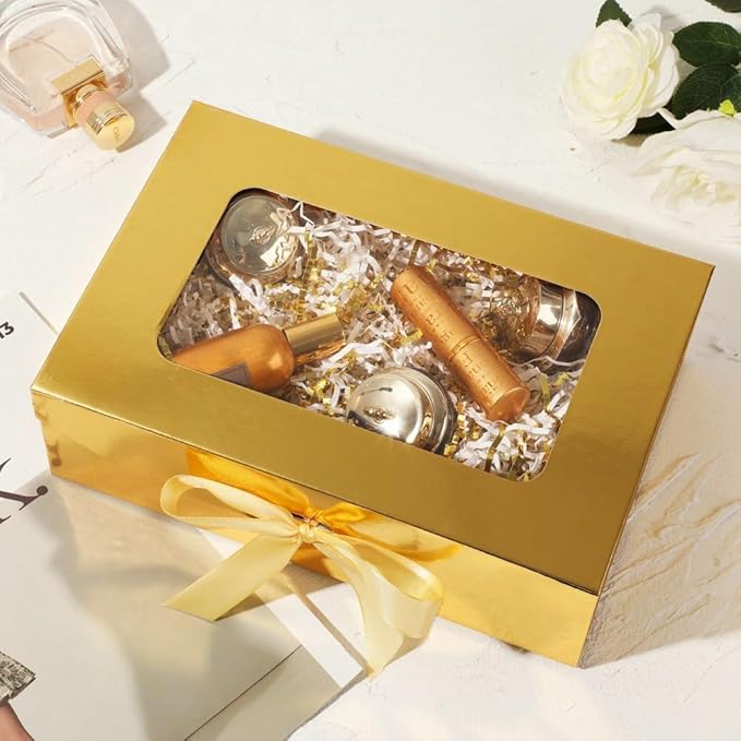 Gold Gift Box for Presents with Ribbon 10.8x7.5x3.5 Inches Clear Gift Box with Window Magnetic Closure Gift Boxes with Lids
