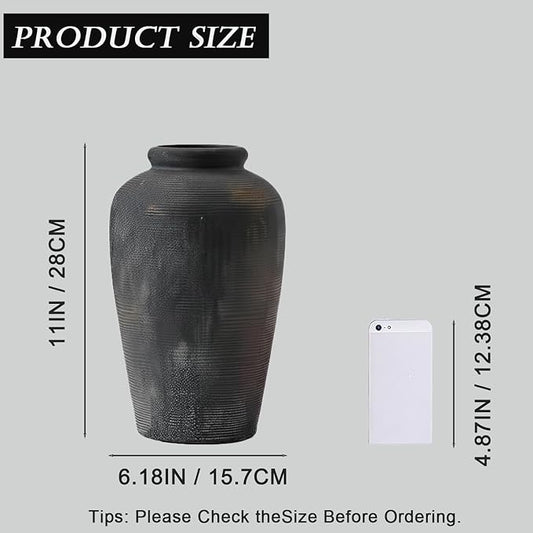 Large Ceramic Vase, 11 inch Minimalist Vase for Home Decor, Handmade Farmhouse Flower Vase for Table Centerpiece, Wedding, Living Room, Kitchen Decoration, Shelf Decor (Black)