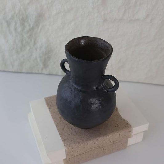 Rustic Small Ceramic Vase, Handcrafted Black Farmhouse Vase, Wabi Sabi Pottery Decor for Kitchen, Bedroom, Office, Living Room, Bathroom, Shelf Centerpiece Table