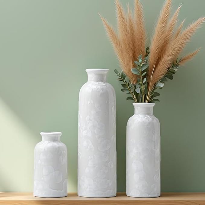 Modern Ceramic Vase Set of 3, White Crystalline Glaze Colors, Decorative Bottles for Home, Farmhouse Rustic Decor (Crystalline Glaze White)