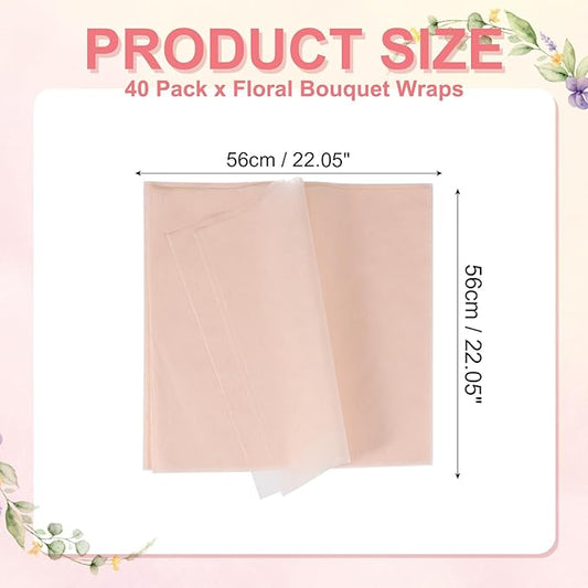 YELARXI Flower Wrapping Paper, Cotton Wrapping Flower Paper, Non-Woven Waterproof Floral Bouquet Wraps - Fitting for (Florist Supplies/Gift) 22 x 22 Inch & 40 Pack & Light Pink