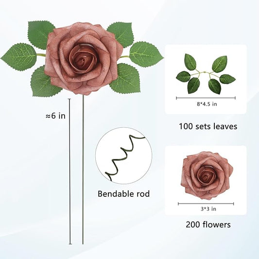 JOYLEX Artificial Flowers Realistic Roses, Real Looking Fake Roses with Stem for DIY Wedding Bouquets Centerpieces Bridal Shower Party Home Romantic Decorations (Warm Taupe, Regular 3" - 200pcs)