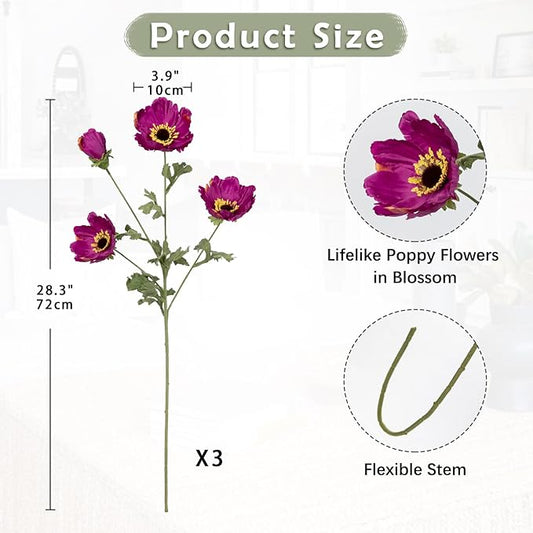 28.3" Purple Artificial Flowers Poppy Flowers 3Pcs Silk Fake Poppy Flowers Real Touch Faux Poppies Spring Flower Long Stem Arrangement with 4 Heads for Party Centerpiece Bouquet Table Home Decoration