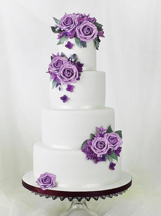 IPOPU Glitter Flowers,25PCS Light Purple Glitter Roses Fake Roses Artificial Flowers for Cake Wedding Bouquet Home Party Decoration(Lilac)