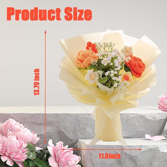 Handmade Crochet Rose Flower Bouquet: Artificial Knitted Rose Gift for Wife Mother Girlfriend for Festival Wedding Graduation Anniversary (Yellow)
