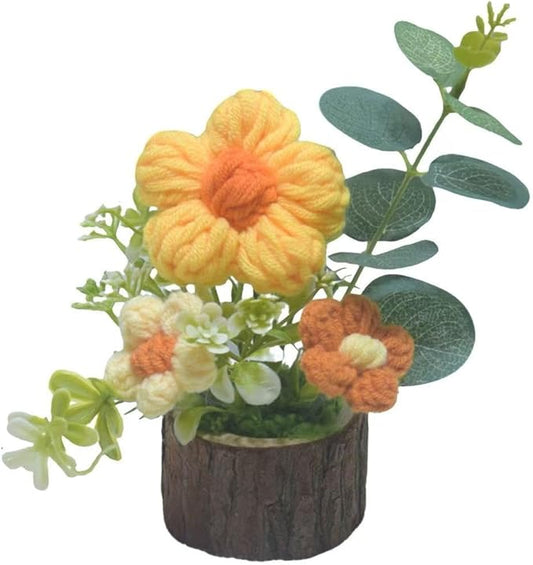 Handmade Crochet Puff Flowers Bouquet Creative Knitted Potted Plant Cute Home Desktop Decorations and Gifts for Friends, Lovers, Classmates
