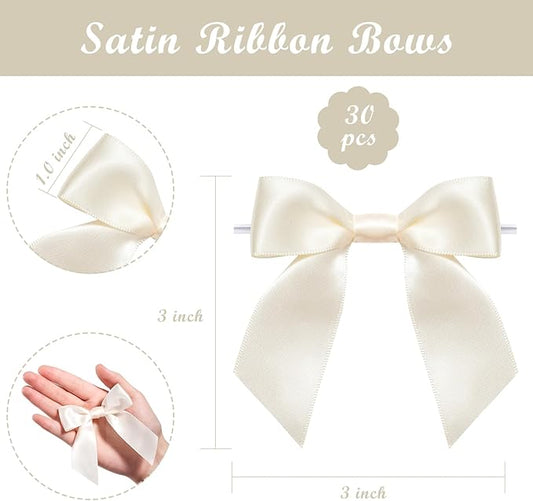 WRAPAHOLIC 30 Pcs 3" Ivory Satin Ribbon Bows with Twist Tie - Pretied Premade Craft Bows for Christmas Party Crafts Treat Bags Gift Wrapping Wedding Birthday Baby Shower