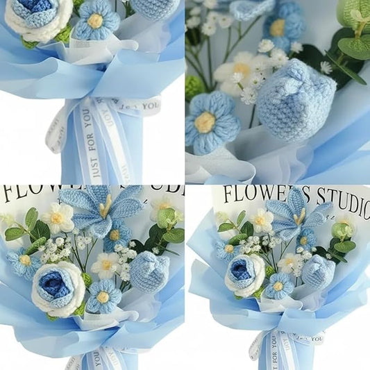 Crochet Flower Bouquet - Handmade Knitted Roses, Tulips & Cosmos with Eucalyptus - Hypoallergenic Everlasting Gift for Women, Mother's Day, Wedding