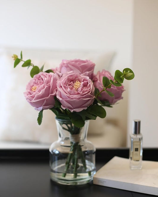 Artificial Flowers with Pinkish-Purple Peonies in Vase, Fix Lifelike Fake Flowers in a Vase with Artificial Water, Faux Flower Arrangements for Dining Table Centerpiece Decor