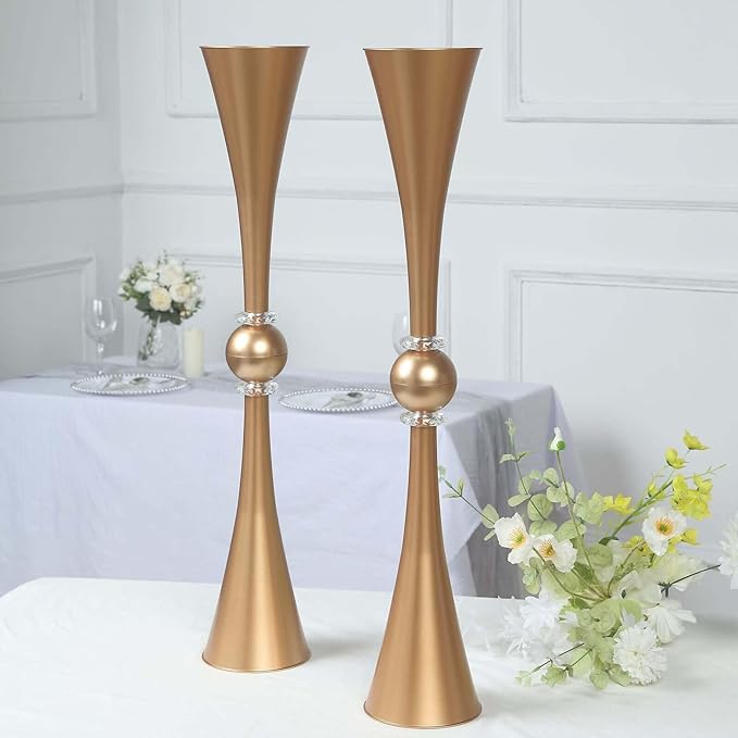 Efavormart 2 Pack | 31" Gold Crystal Embellishment Trumpet Table Centerpiece, Reversible Plastic Flower Vase