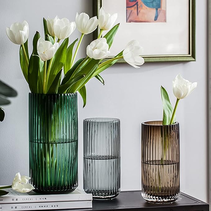 Muyan 7.5" Flower Vase for Decor Ribbed Glass Vase Modern for Centerpieces Desktop Home Office Dining Living Room Wedding (Gray)