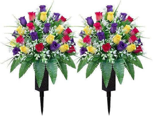 Artificial Cemetery Flowers, Gravesite Decoration Roses, Memorial Bouquets with Cemetery Vase, Vibrant and Long-Lasting Colors (Yellow+Purple+Brilliant Red, 2 Bundles)