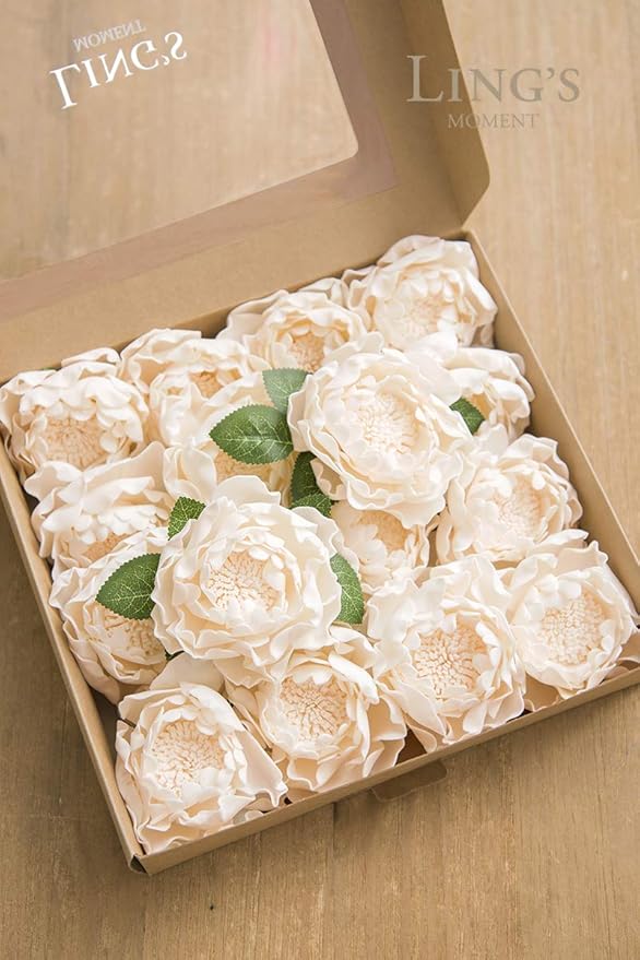 Ling's moment Flowers 16pcs Cream Blooming Peonies Artificial Flowers with Stem, Artificial Peony Flowers for DIY Wedding Decorations Centerpieces Bouquets Boutonnieres