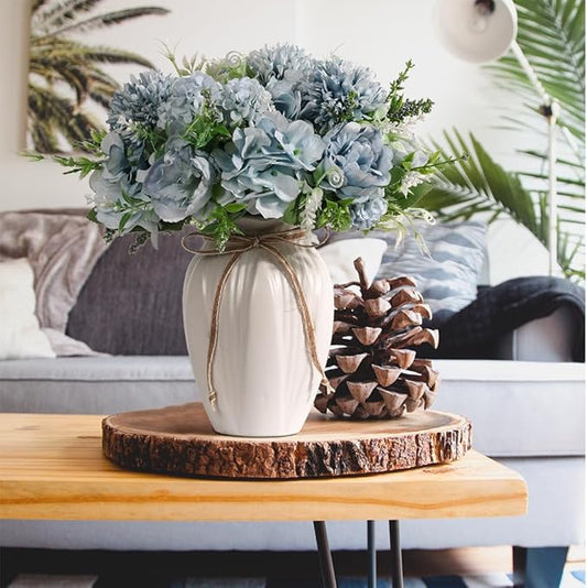 Peonies Artificial Flowers in Vase, Fake Hydrangea Silk Peony Flower Bouquet with Vase Faux Flowers Arrangement Decor Home Table Dining Room (Blue)