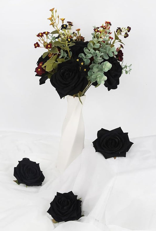 Artificial Roses 16pcs Velvet Black Roses Artificial Flowers 3.94" Fake Black Roses for Wedding Flowers Black Rose Decor for Centerpieces Home Party Decor (Black)