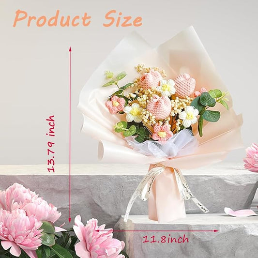 Crochet Flower Tulip Bouquet: Handmade Artificial Flower Knitted Sunflower Bouquet for Festival Wedding Graduation Anniversary (Pink)