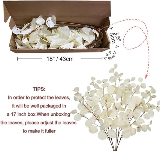 Cream White Eucalyptus Stems Fake Eucalyptu Leaves 34” Long Silver Dollar Leaves 5 Pcs Silk Eucalyptu Stems for DIY Bouquet Arrangements Centerpieces Shower Decorations-Artificial Eucalyptus Spray