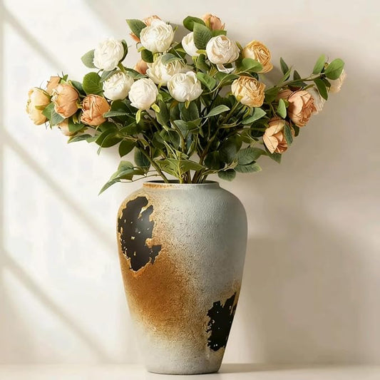 11" Large Handcrafted Ceramic Vase - Vintage Rustic Iron Glaze Pattern Farmhouse Flower Vase for Home Decor, Decorative Vase for Living Room Dining Table Fireplace Bookshelf Office