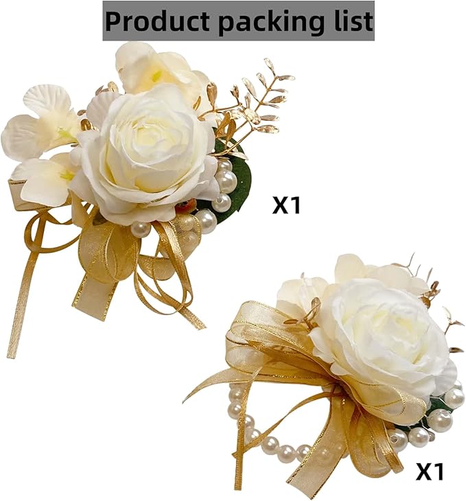 Champagne Boutonniere and Corsage Set - 2Pcs Groom Boutonniere & Wrist Corsage Bracelets for Wedding, Prom and Anniversary,Formal Dinner Party & Ring Bearer & Niece Accessories