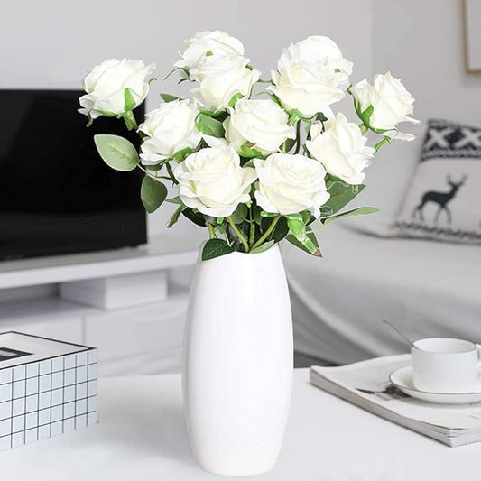 Veryhome Artificial Flowers Silk Roses Fake Bridal Wedding Bouquet for Home Garden Party Floral Decor 10 Pcs (White Curved stem)