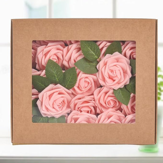 homEdge Artificial Rose, 25pcs Foam Artificial Flowers with Stem for Home Decorations, Wedding Bouquets, Party, Certerpieces, Anniversaries-Blush