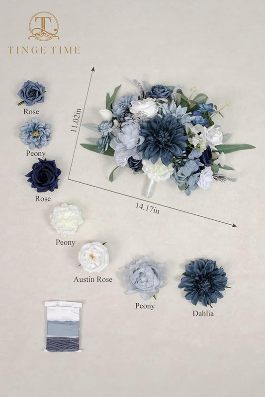 TINGE TIME 11 Inch Wedding Bouquets for Bride, Dustyblue Artificial Flowers Bouquet, Brides & Bridesmaids Bouquet for Wedding Anniversary Ceremony Bridal Shower Decorations