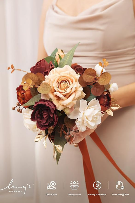 Ling's moment Bridesmaid Bouquet Set of 4, Terracotta Wedding Bouquets for Bridesmaids, 7 Inch Bridal Bouquets for Bridesmaids, Wedding, Ceremony, Anniversary, etc.