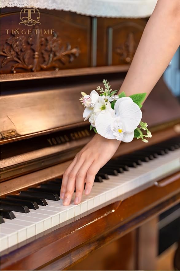 TINGE TIME Set of 2 Wrist Corsage Bracelets Pearl Wristlet Band Bridesmaid Bracelet for Wedding Ceremony Bridal Shower Wedding Artificial Flower Prom (IvoryWhite)