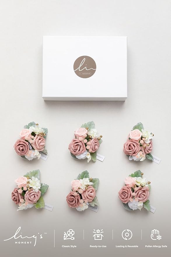 Ling's moment 6pcs Wedding Wrist Corsage Artificial Flowers, Girl/Mother Homecoming Prom Corsages Wristlet Décor, etc. Dusty Rose Pink