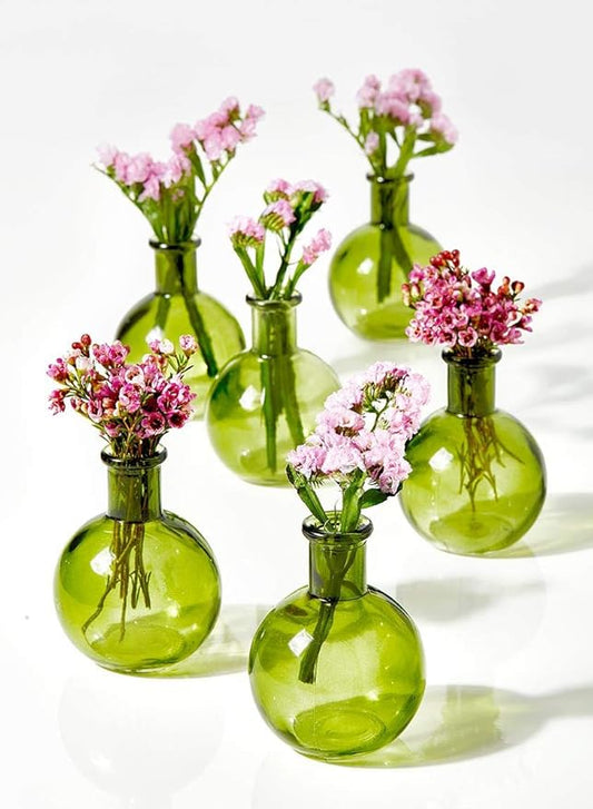 Serene Spaces Living Set of 36 Green Ball Bud Vases, Transparent Glass Vases for Weddings, Events, Parties, Floral Centerpieces for Home Decor, Measures 4" Tall