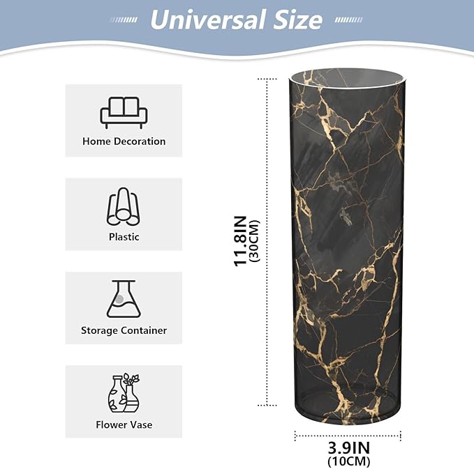 Flower Vase for Centerpieces, Black Gold Marble Print Plastic Cylinder Vase, Clear Bud Vases for Home Wedding Office Table Decor
