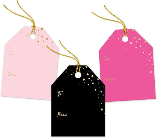 Pro Supply Global 24 Count of 2.5 Inch x 3 Inch Pre Strung Gold Confetti Gift Tag Assorted Printed Designs on Large Cardstock Gift Hang Tags - Ideal to Use on Bags