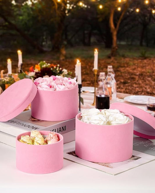 Round Gift Boxes with Lids for Presents Set of 4 Pink Velvet Nesting Gifts Box for Arrangements Flowers Wedding Birthday Valentines Bridesmaid Christmas Party Anniversary