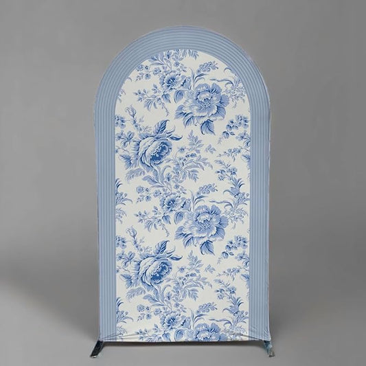 Blue and White Floral Arch Backdrop Cover Vintage Peony Arch Stand Spandex Cover Elegant Toile de Jouy Wedding Baby Shower Birthday Party Decoration French Country Style Background (G4229,7.2FT)