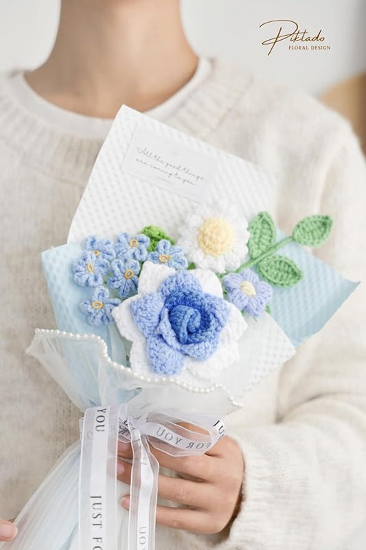 Hand-Woven Flower Bouquet Finished(1pcs) for Valentine's Day Girlfriend Birthday Gift Wedding Decoration Crochet Artificial Flower, Bouquet Gift (Blue)