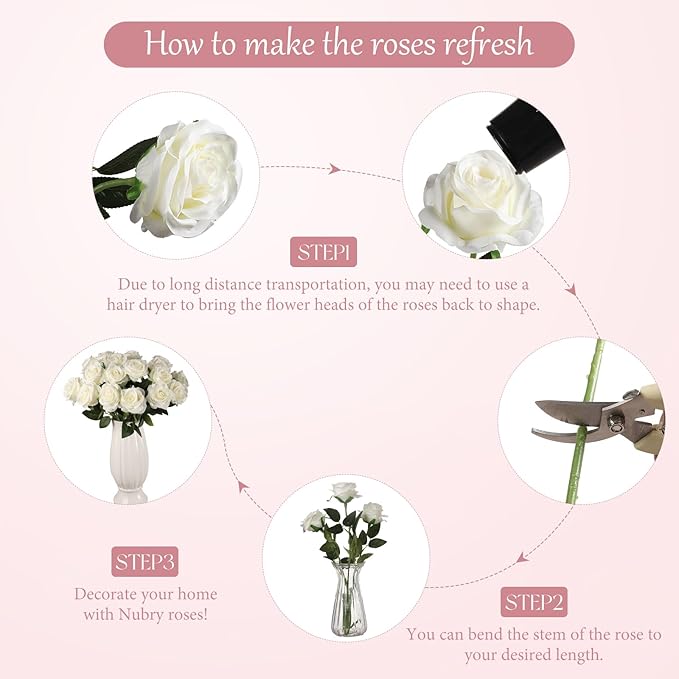 Nubry 24pcs Artificial Silk Roses Bulk,Fake Roses Flower with Stems Realistic Flowers for Wedding Centerpiece Home Party Decor(White)