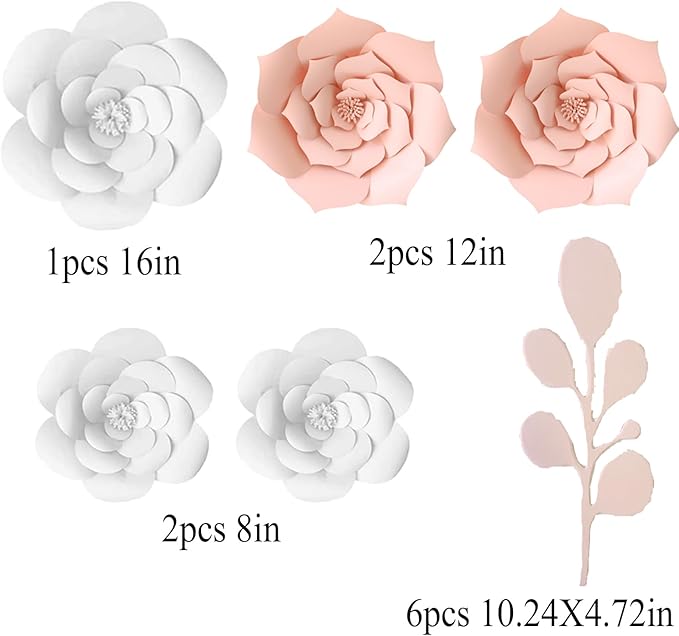 3D Party Paper Decoration Need Assembled Artificial Flower With Leaves Wall Decor (White Pink Set) for Wedding, Bridal Shower, Nursery, Baby Shower Backdrop