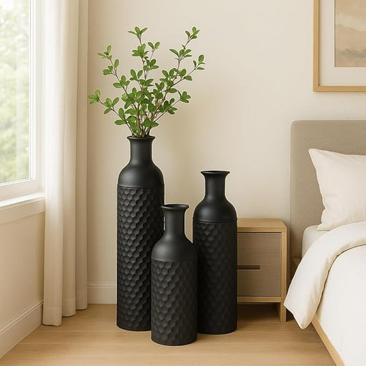 Leewadee Black Tall Floor Vase, Set of 3 Decorative 26/21/16″ Large Vases from Metal for Home Decor Living Room, Style with Pampas Grass for Modern, Vintage, Rustic or Farmhouse Room Decor