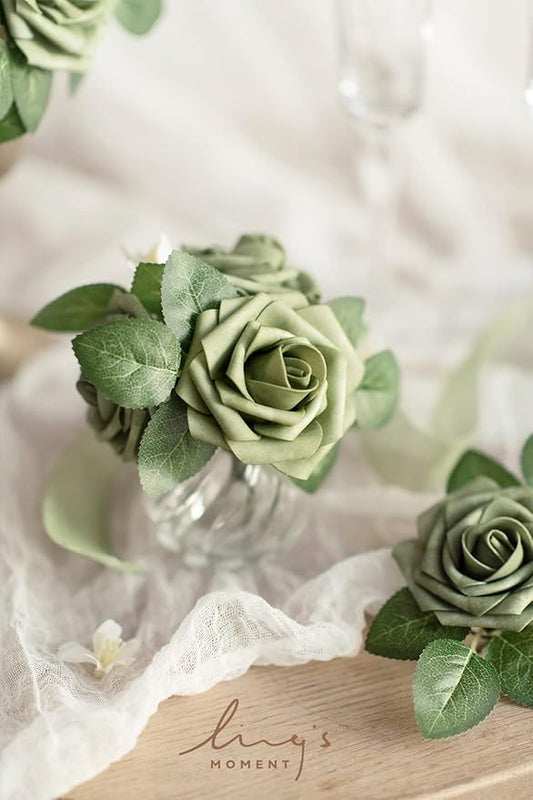 Ling's moment Artificial Flowers 50Pcs Elf Green Roses Decor w/Stems,3" Real Touch DIY Foam Floral for Wedding Bouquet/Centerpieces, Outdoors Party Backdrop, Room/Table, and Garden/Pot Decorations