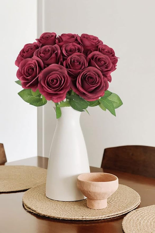50pcs Roses Artificial Flowers Fake Flowers with Long Stems Burgundy Silk Flowers for Wedding Bouquet Centerpices Decorations Party Bridal Baby Shower Home Decor