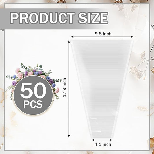 XABMU White Flower Bouquet Bags - 50 Pack White & Clear Floral Wrapping Sleeves for Wedding, Graduation, Mother’s Day Gifting & Florist Supplies